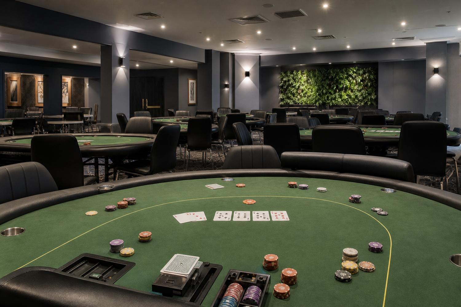 Casino card room set for a poker tournament